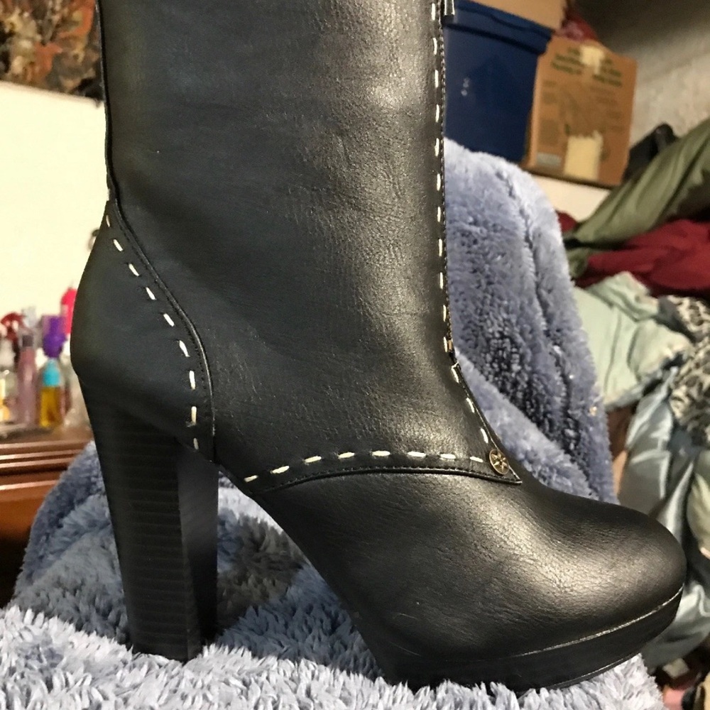 BLACK STACK HEEL BOOTS WOMAN NEW SIZE 8 WHITE STITCHING COMFORT SOLE